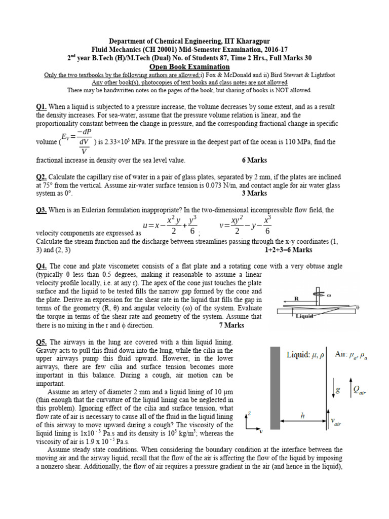 Fluid Mechanics Questions | PDF | Liquids | Chemical Engineering
