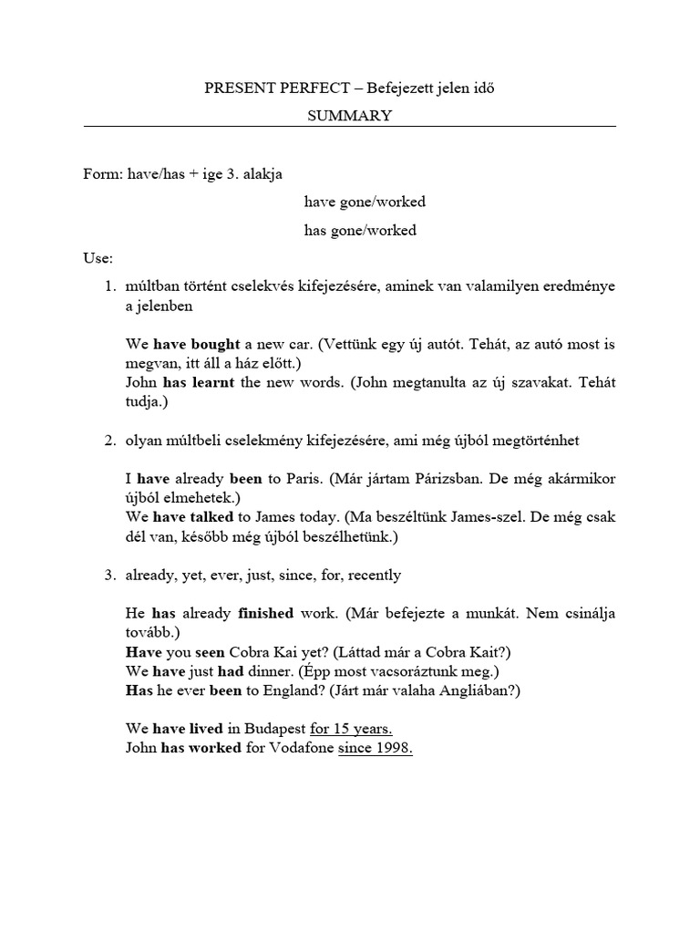 PRESENT PERFECT - Summary | PDF