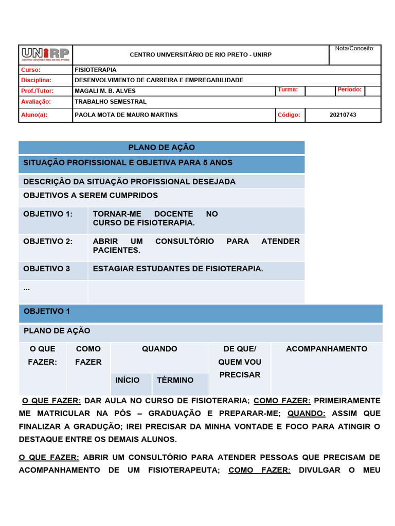 Plano de Carreira em Fisioterapia | PDF | Carreira e Crescimento ...