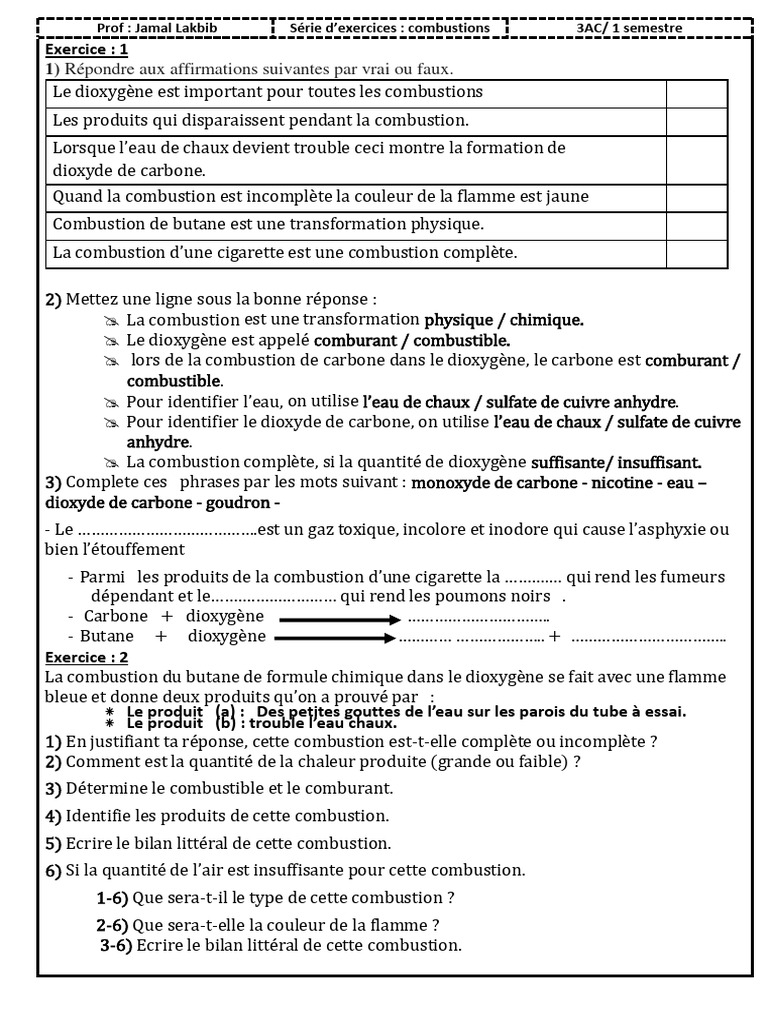 Exercices sur la combustion 2AC | PDF