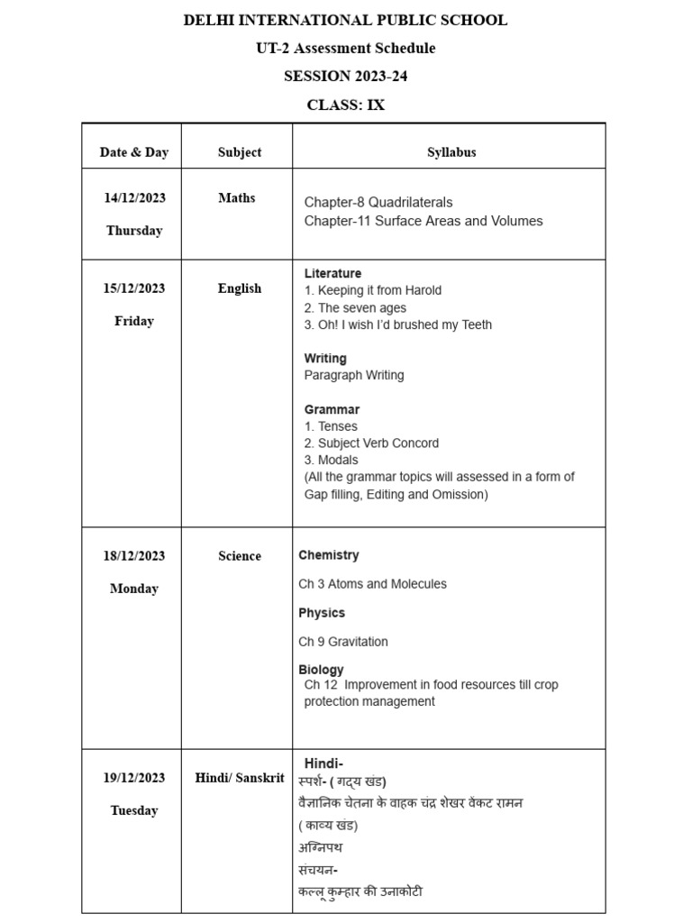 Class 9th UT2 Datesheet 202324 PDF