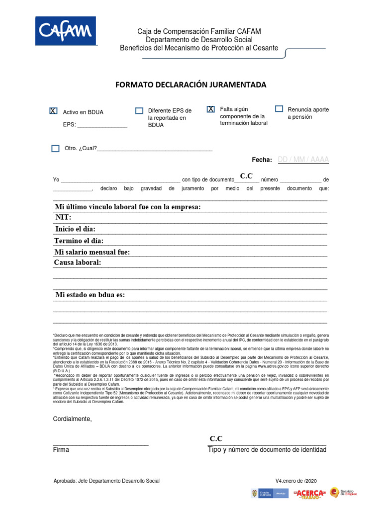 Formato declaracion juramentada pdf pensi n economias