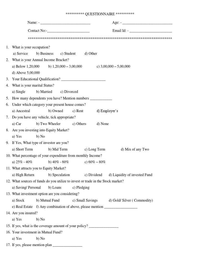 Questionnaire Stock Market - Investing - Stock Market