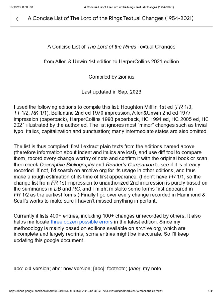 A concise list of the lord of the rings textual changes 1954 2021