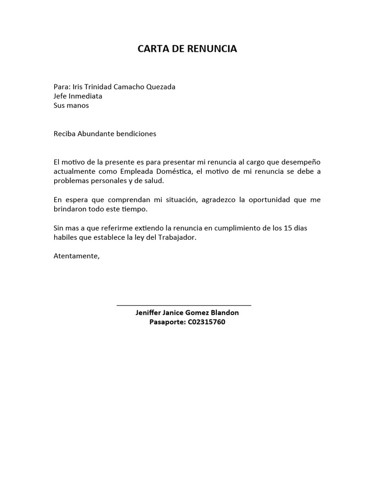 Carta de Renuncia Inmediata 2025 PDF