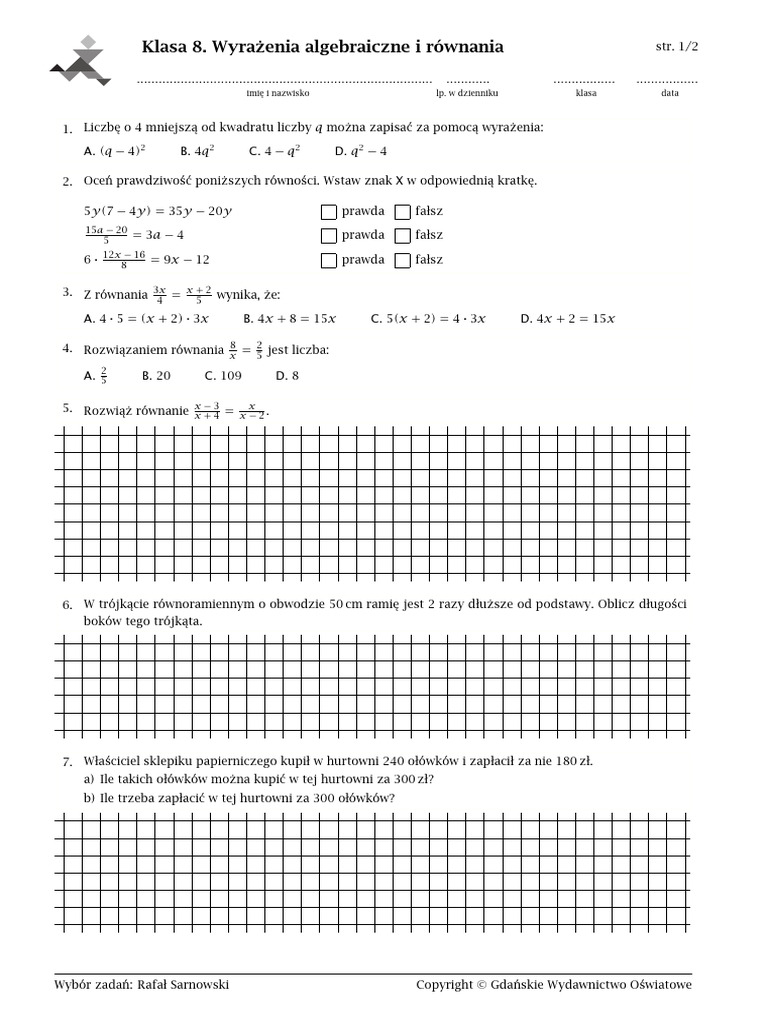 Praca Klasowa - Wyraenia Algebraiczne I Rwnania | PDF