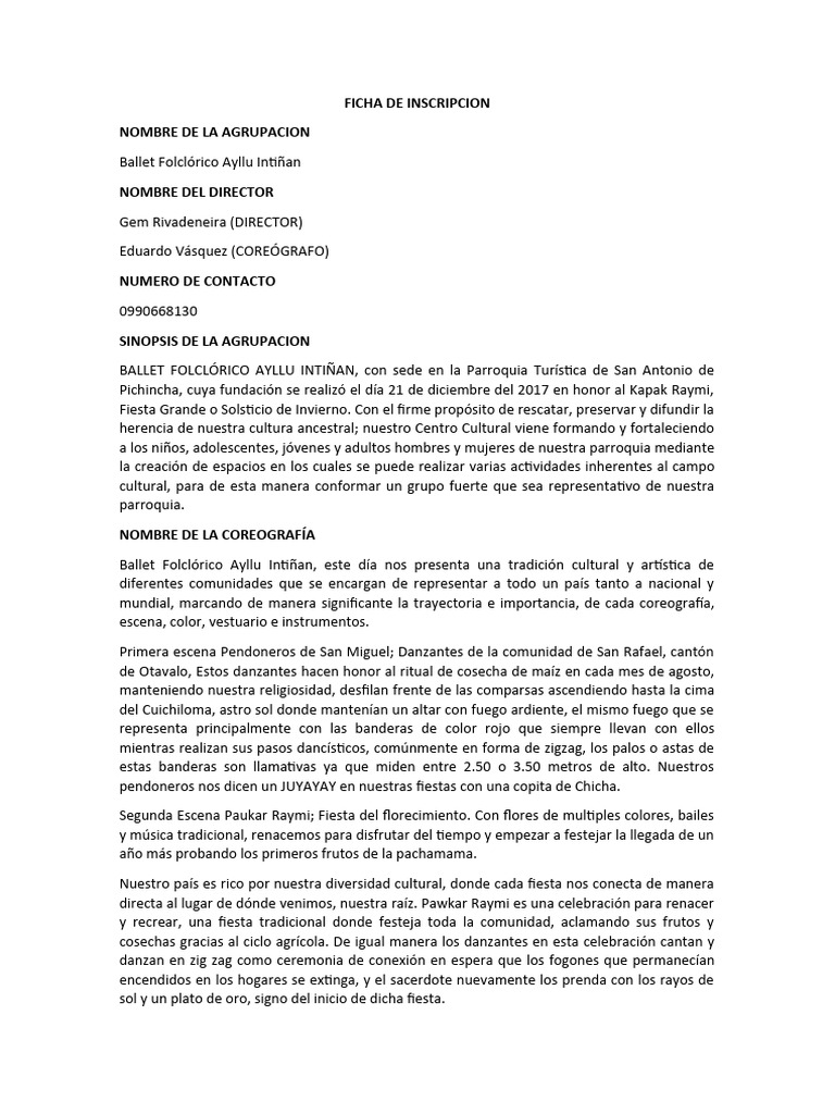 FICHA DE INSCRIPCION Concurso Danza | PDF | Ciencias sociales ...