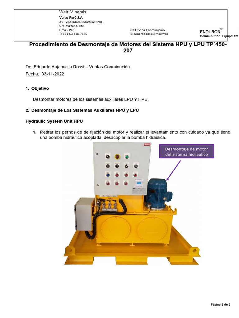 Procedimiento de desmontaje de motores lpu y hpu rv 01 pdf