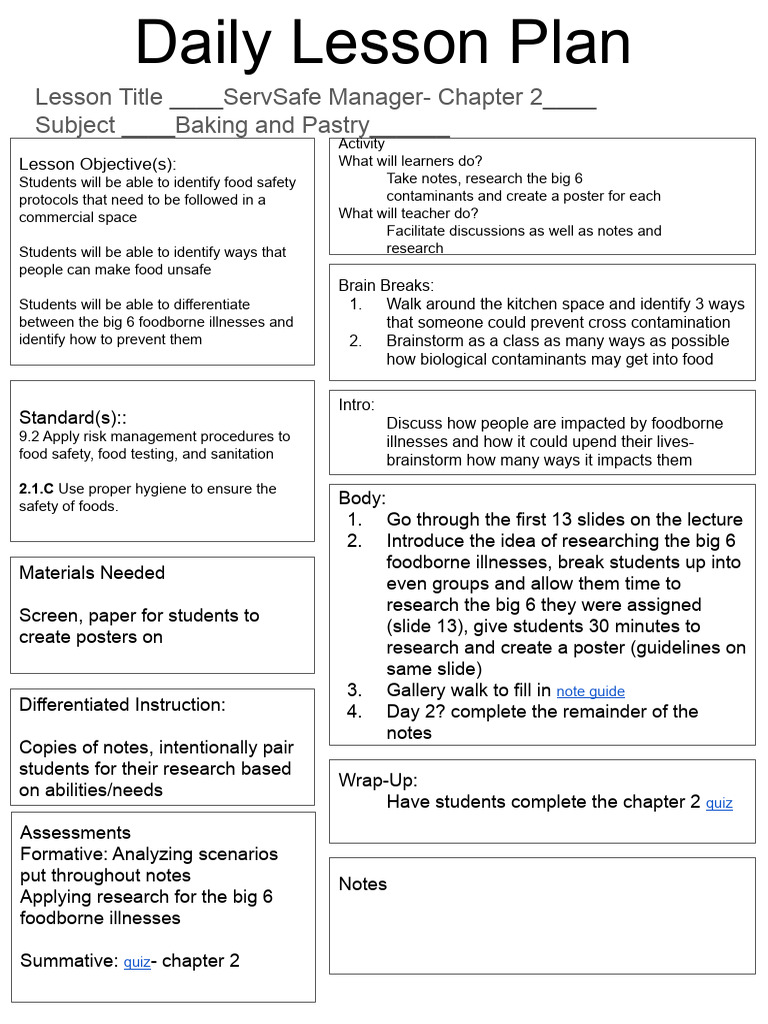 Servsafe Managers Chapter 2 Lesson Plan 1 Pdf Food Safety