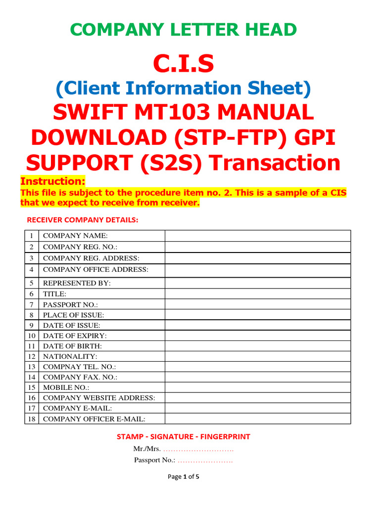 SWIFT MT103 Manual and Sample Template | PDF | Business | Finance ...