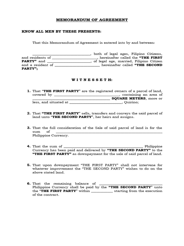 Memorandum of Agreement Blank PDF Deed Legal Documents