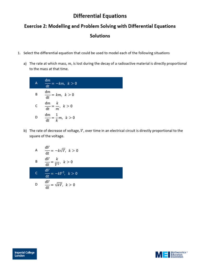 Solutions to Differential Equations Exercises | PDF | Equations | Metrology