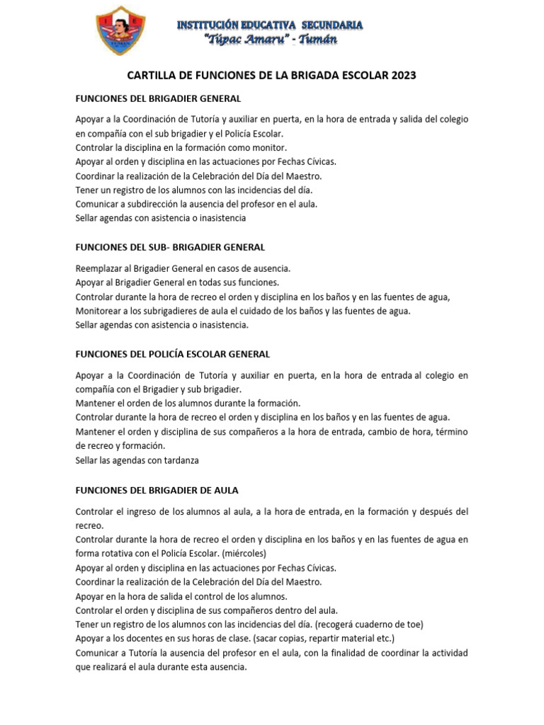 Cartilla de Funciones de La Brigada Escolar 2023 | PDF