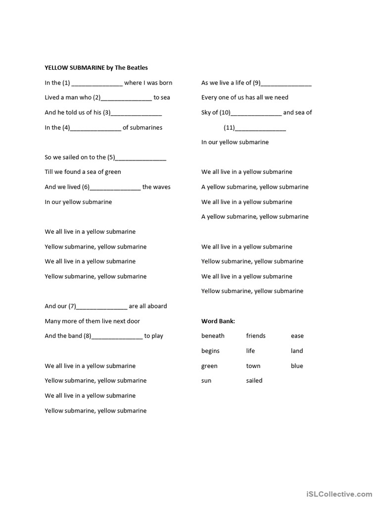 Yellow Submarine Lyrics (Fill in The Blanks) PDF