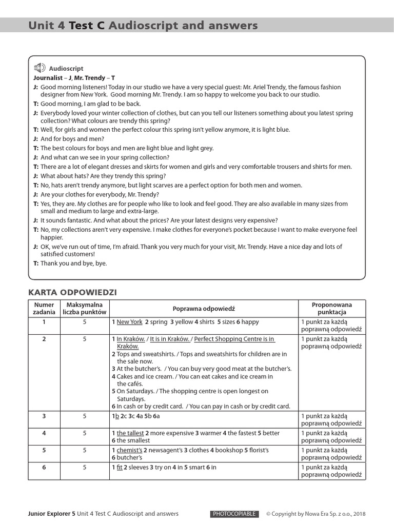 Junior Explorer 5 Unit 4 Test Answers | PDF | Human Body | Consumer Goods