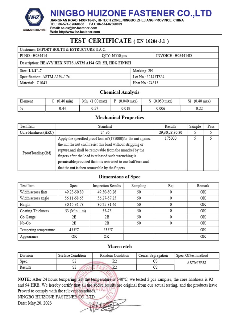 Heavy Hex Nuts Test Certificate | PDF | Nut (Hardware) | Materials