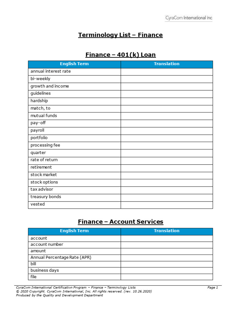 Terminology Finance PDF Refinancing Credit Card