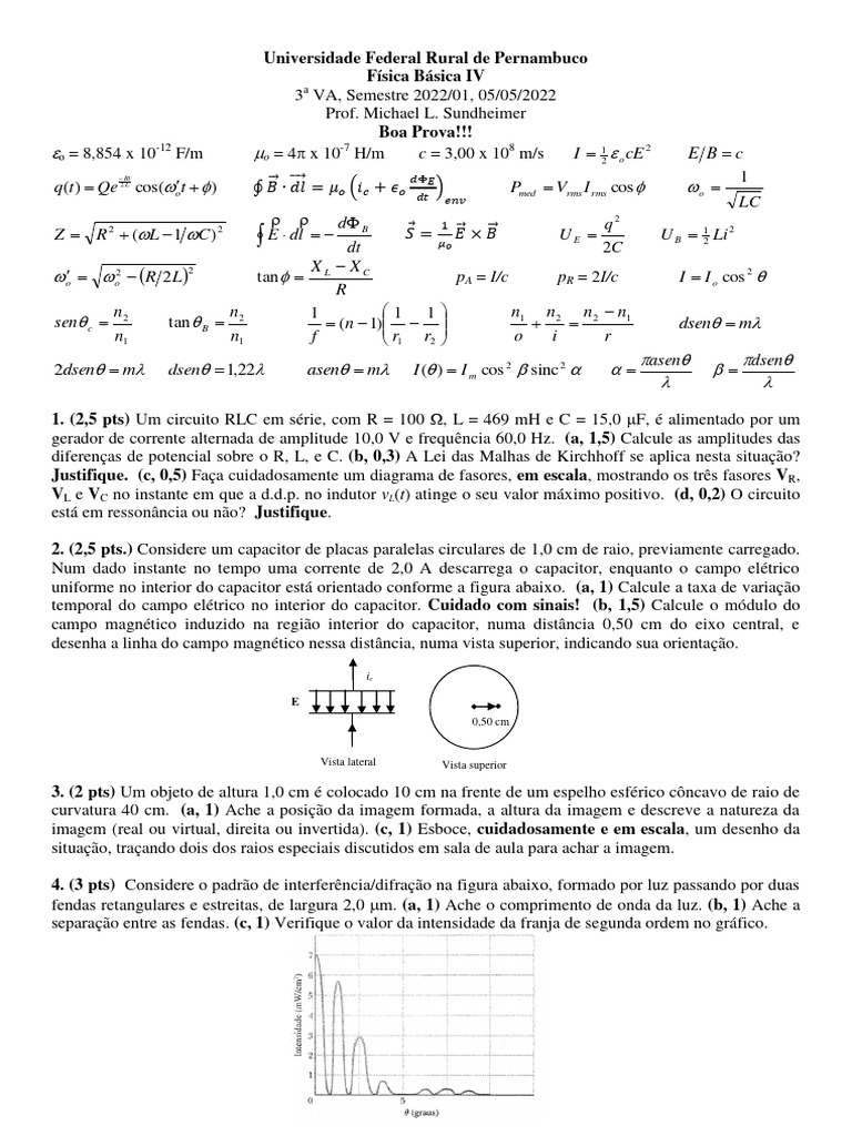 Prova de Física Básica IV - RLC e Óptica | PDF