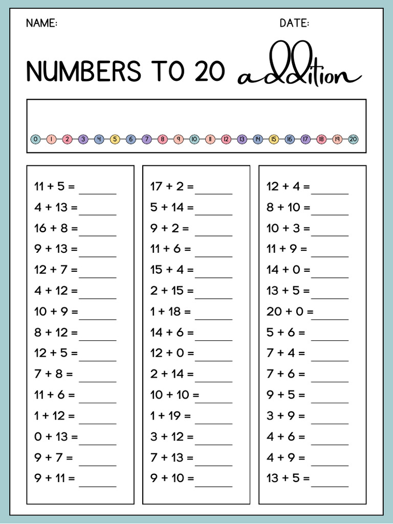 Basic Addition To 20 Number Line Worksheet Pdf
