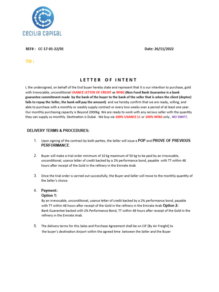 Loi To Purchase Gold - LC | PDF | Letter Of Credit | Trade