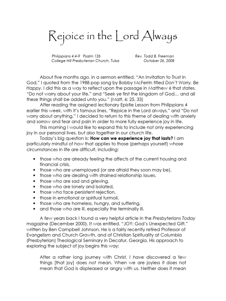 10-26-08 Rejoice in The Lord Always | PDF | Happiness | God