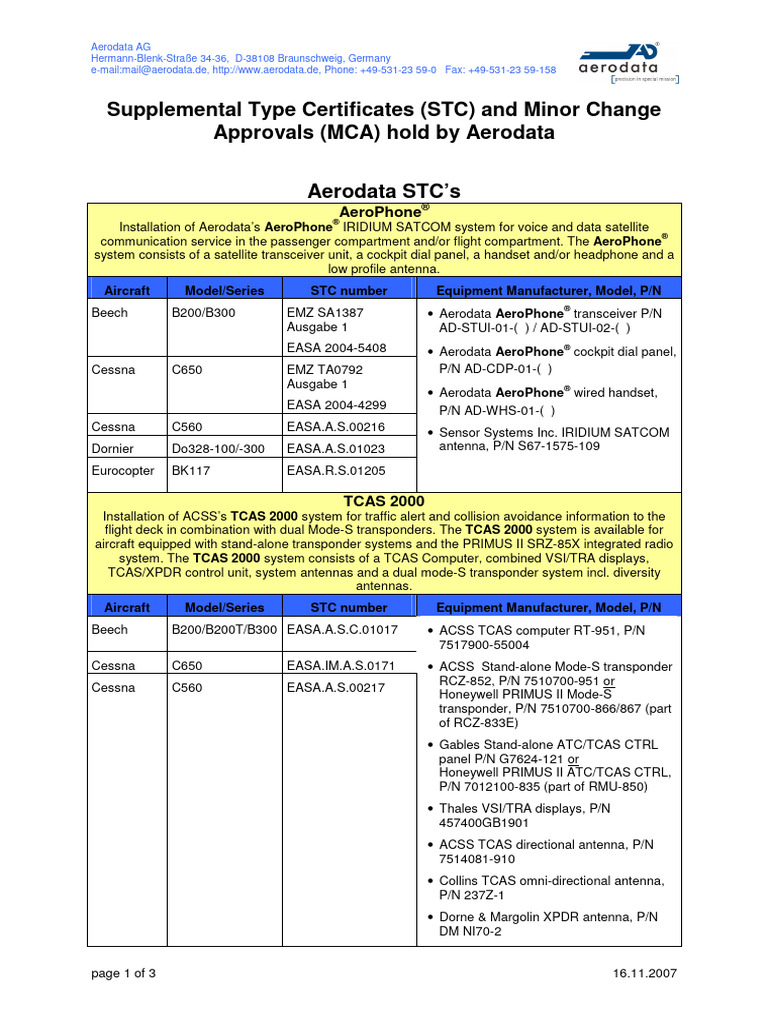 Aerodata STC - MCA Certificates | Download Free PDF | Transponder ...