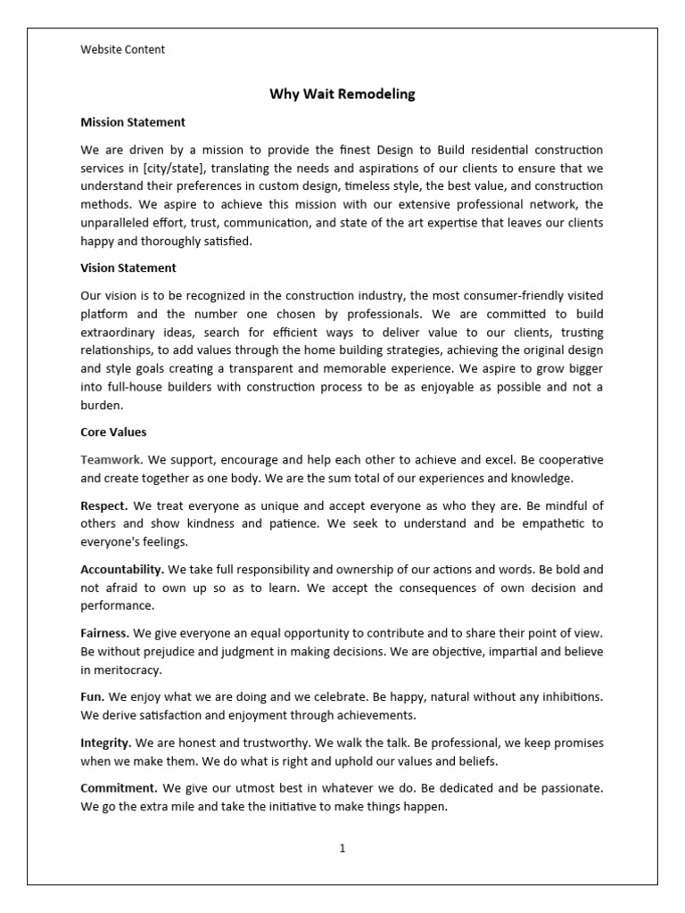 Why Wait Remodeling - Mission Vision Statement 02 | PDF | Experience ...