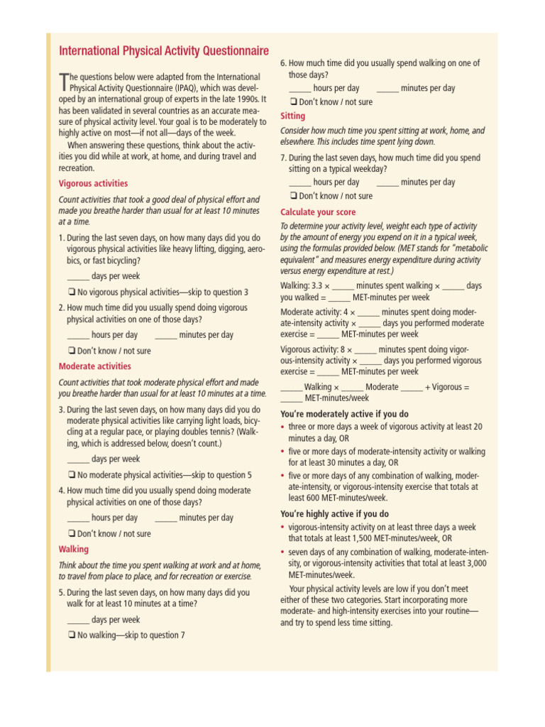 International Physical Activity Questionnaire | PDF | Physical Exercise ...