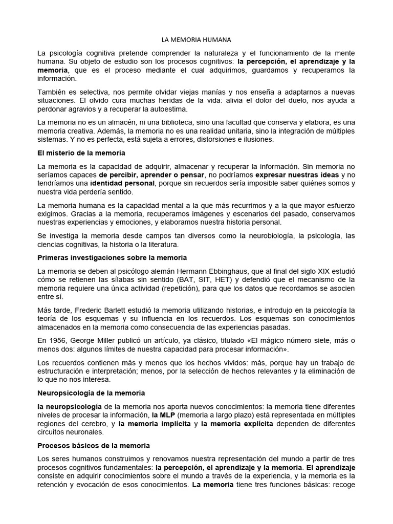 La Memoria Humana Pdf Memoria Aprendizaje