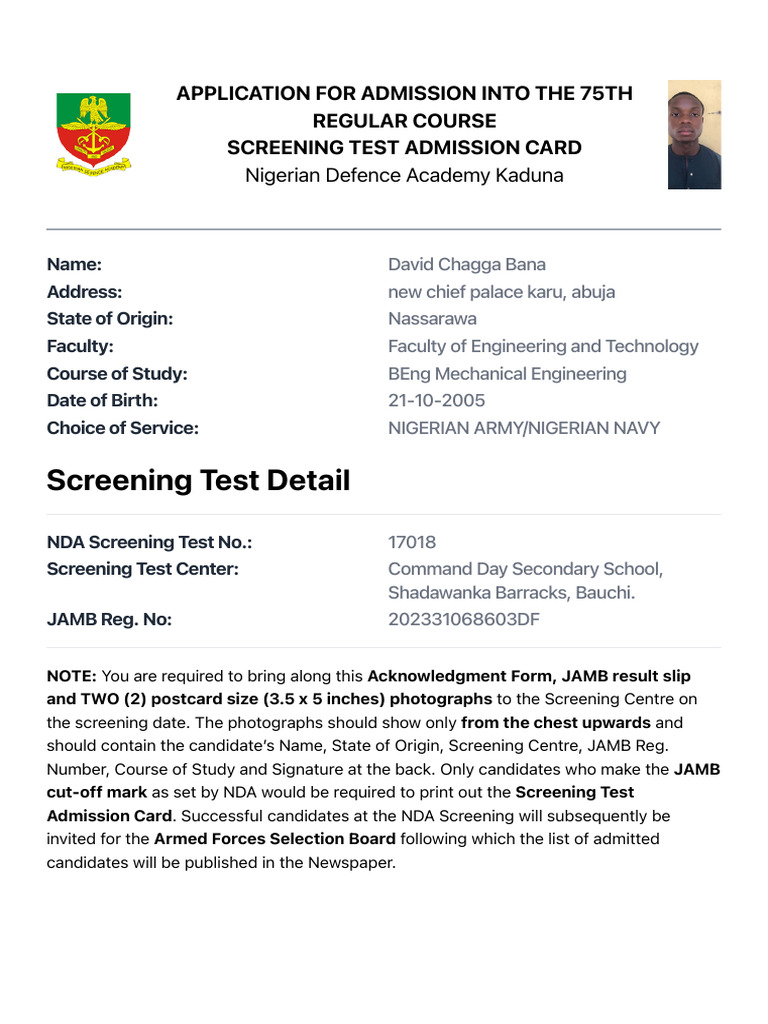 NDA 75th Course Screening Test Card | PDF