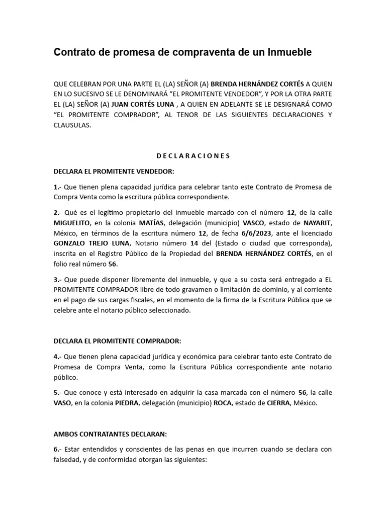 Contrato de Promesa de Compraventa Inmueble | PDF | Derecho privado ...