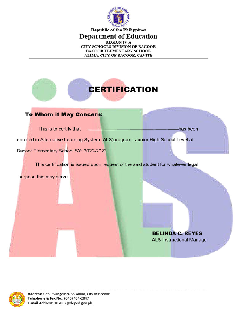 ALS Enrollment Certification - Bacoor | PDF | Social Science