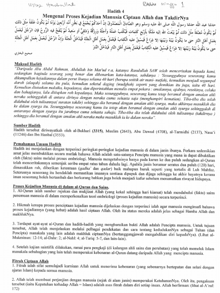 Hadith 4 Mengenal Proses Kejadian Manusia Ciptaan Allah Dan Takdirnya Pdf