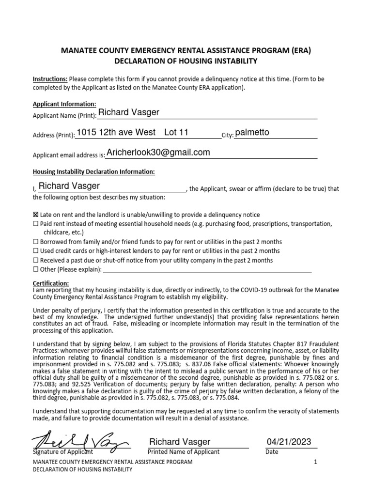 Declaration of Housing Instability PDF Perjury Misdemeanor