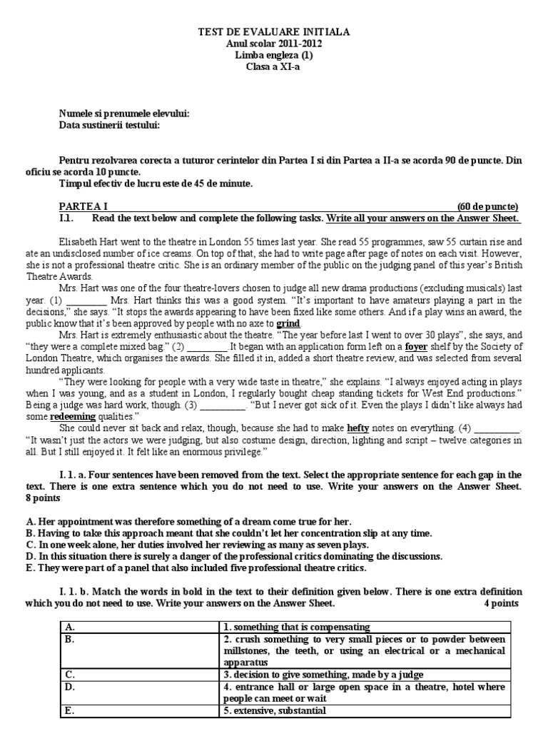 Test Initial XI L1+2 | PDF | Leisure | Sports