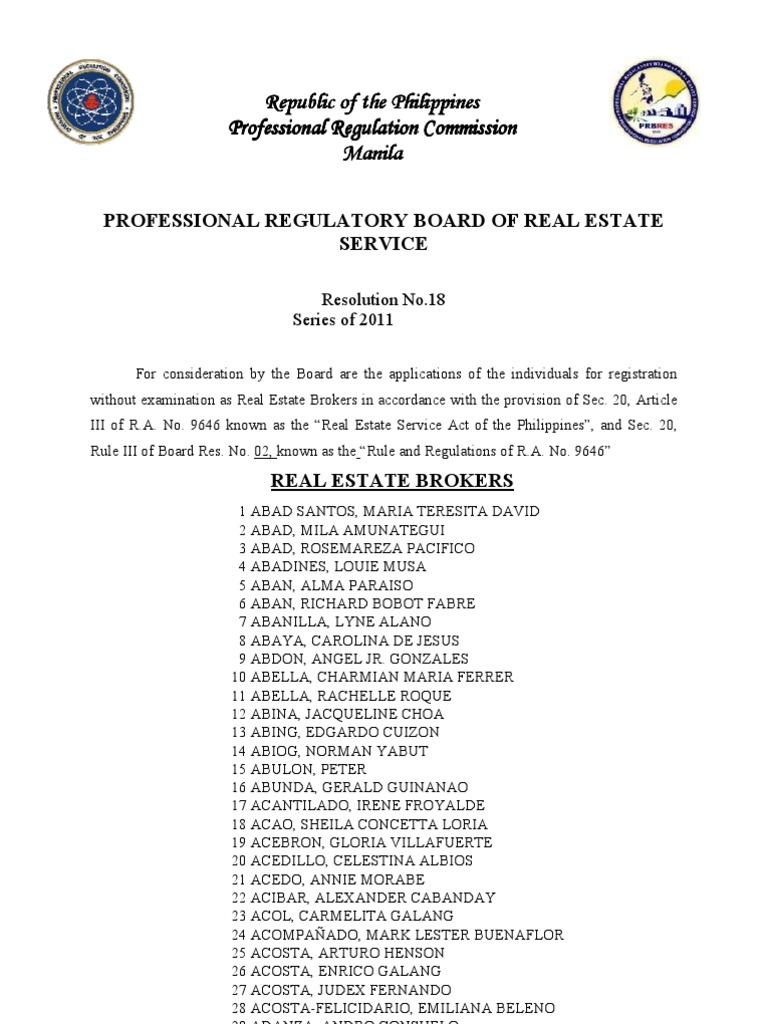 Board Of Real Estate Service Resolution No 18 Series Of 2011 Brokers