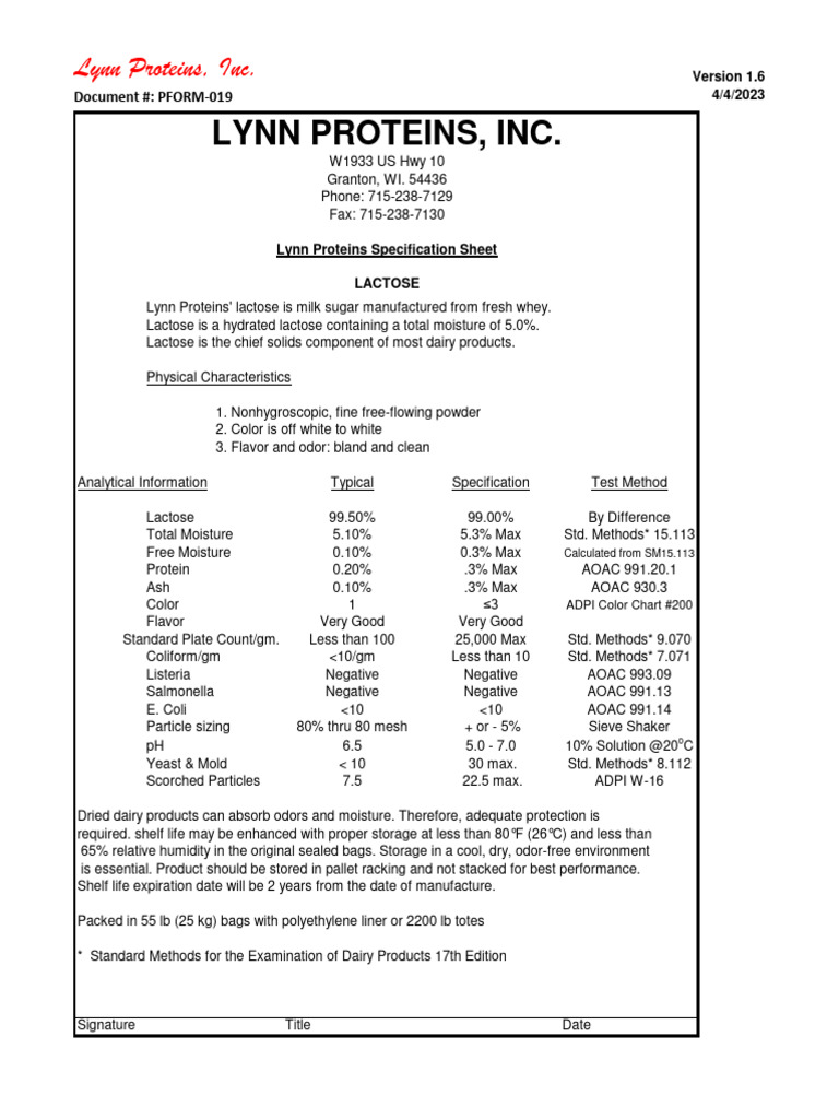 Lynn Dairy Lactose Specification 04-04-2023 | PDF