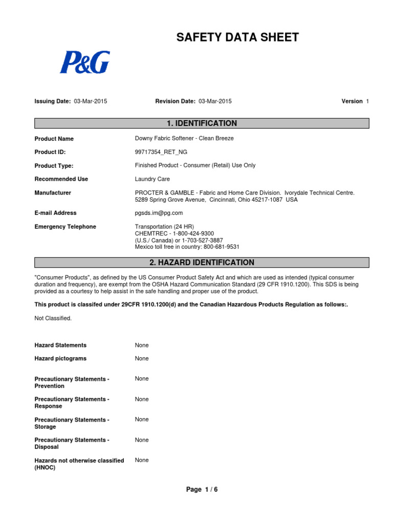 SDS Downy Fabric Softener PDF Superfund Personal Protective Equipment
