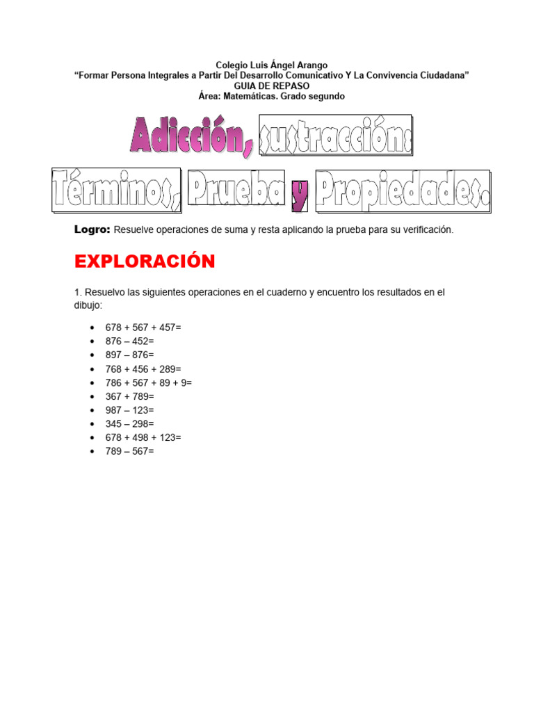 Guia Semana de Receso Octubre PDF Sustracción Aritmética