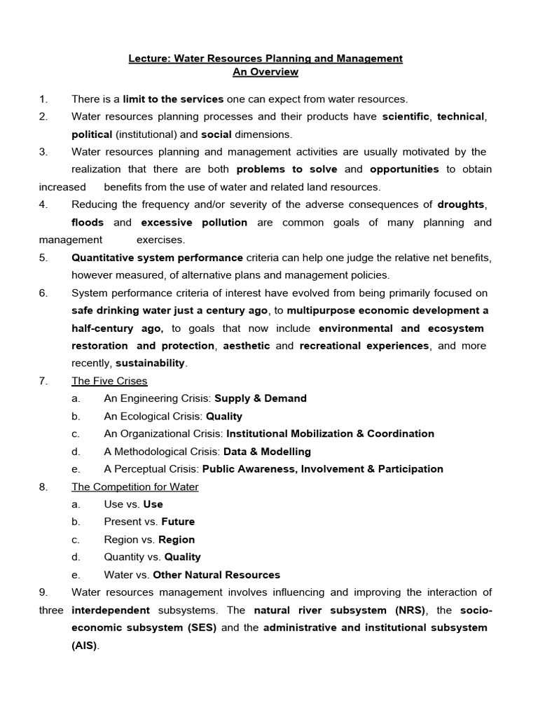 1 Objectives Lec (Water Resources Planning & management An