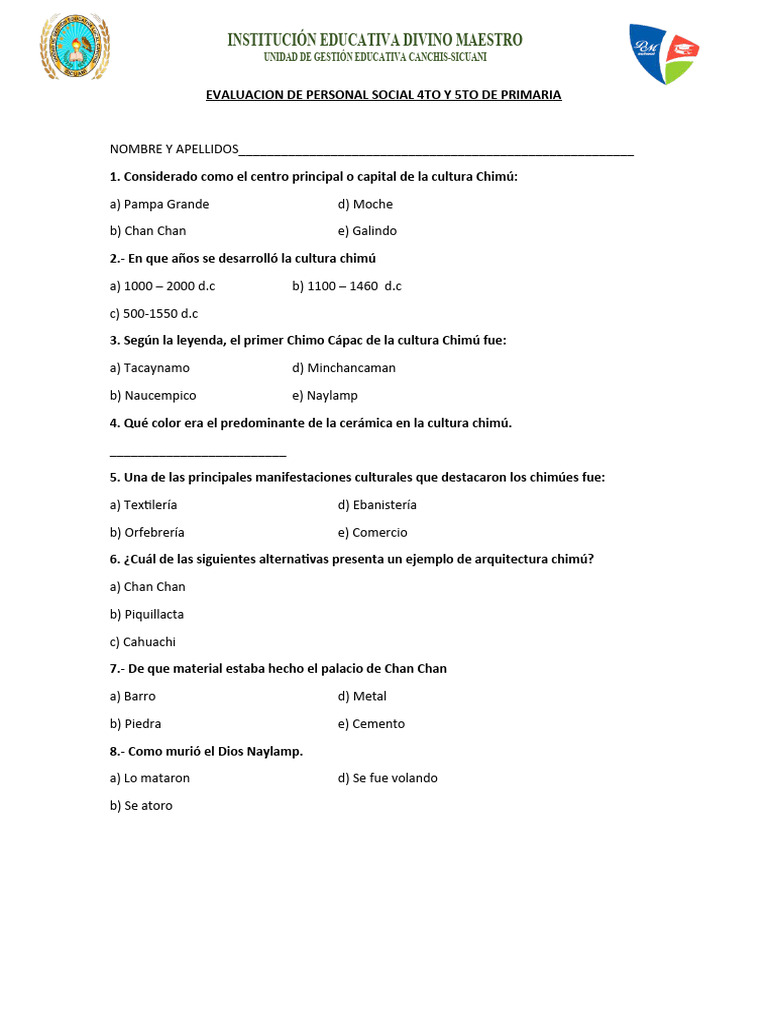 Evaluacion de Personal Social 4to y 5to de Primaria | PDF