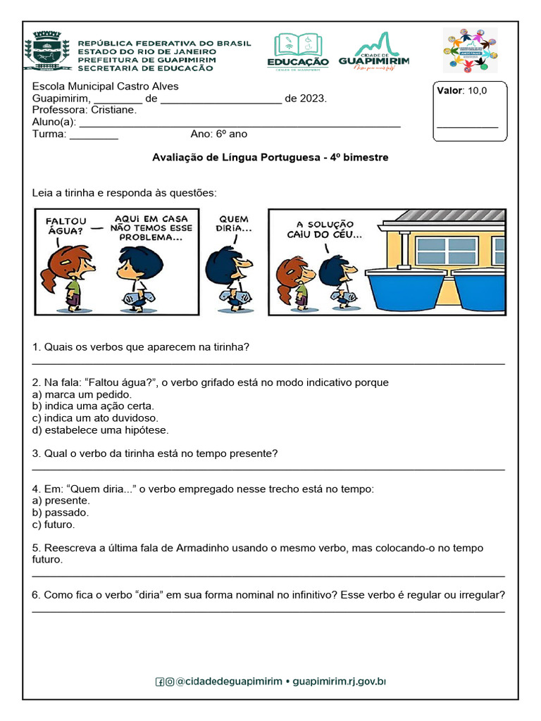 Avaliação de Língua Portuguesa - 4° Bimestre | PDF | Famílias linguísticas