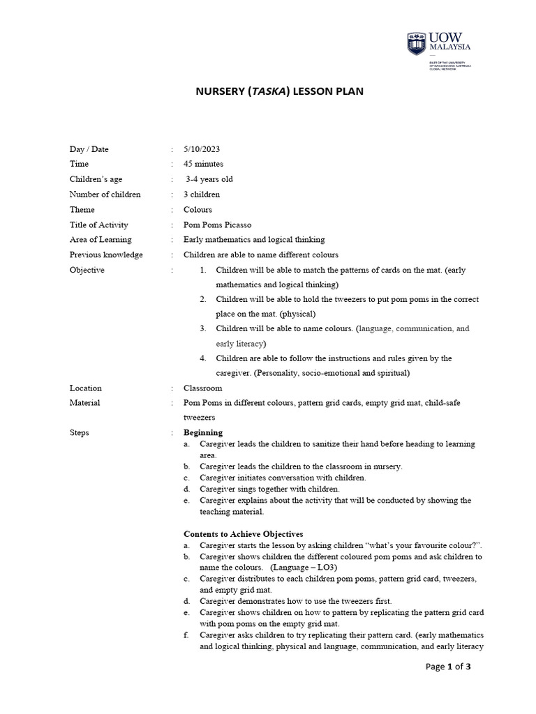 Pom poms picasso lesson plan taska pdf lesson plan caregiver