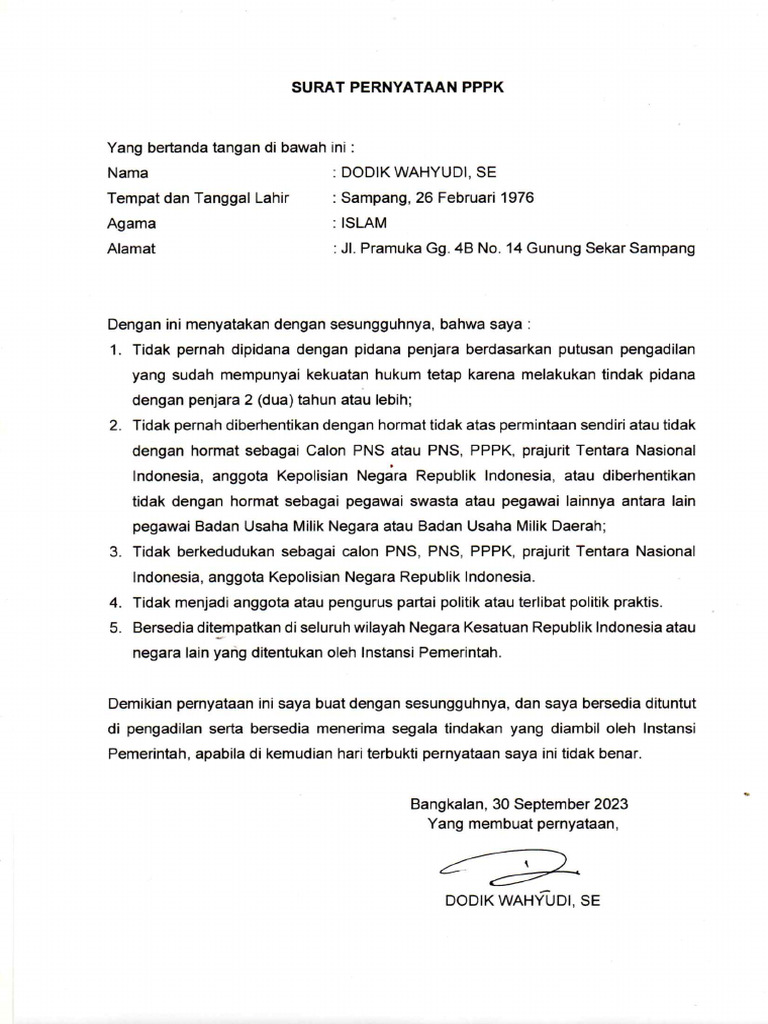 Surat Pernyataan p3k | PDF