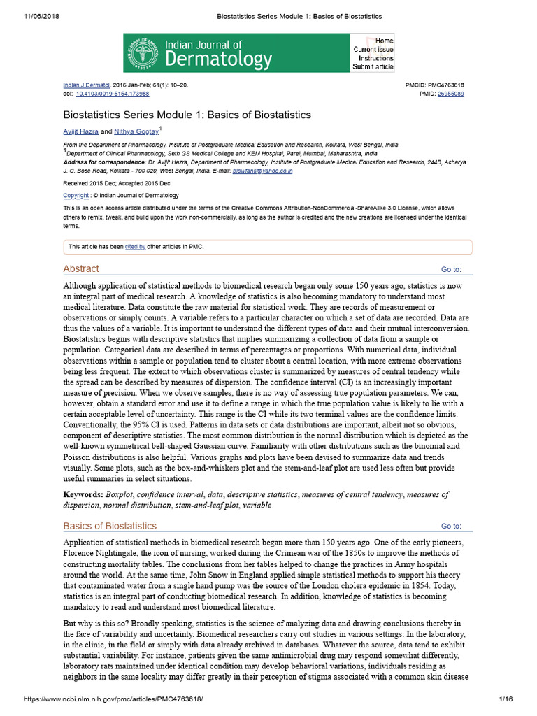 Biostatistics Series Module 1 Basics Of Biostatistics Pdf Level