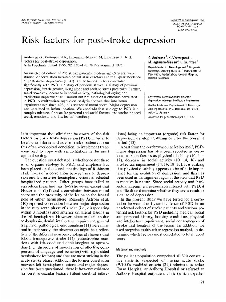 Risk Factors For PostStroke Depression G, K, M, L. K. M. L PDF