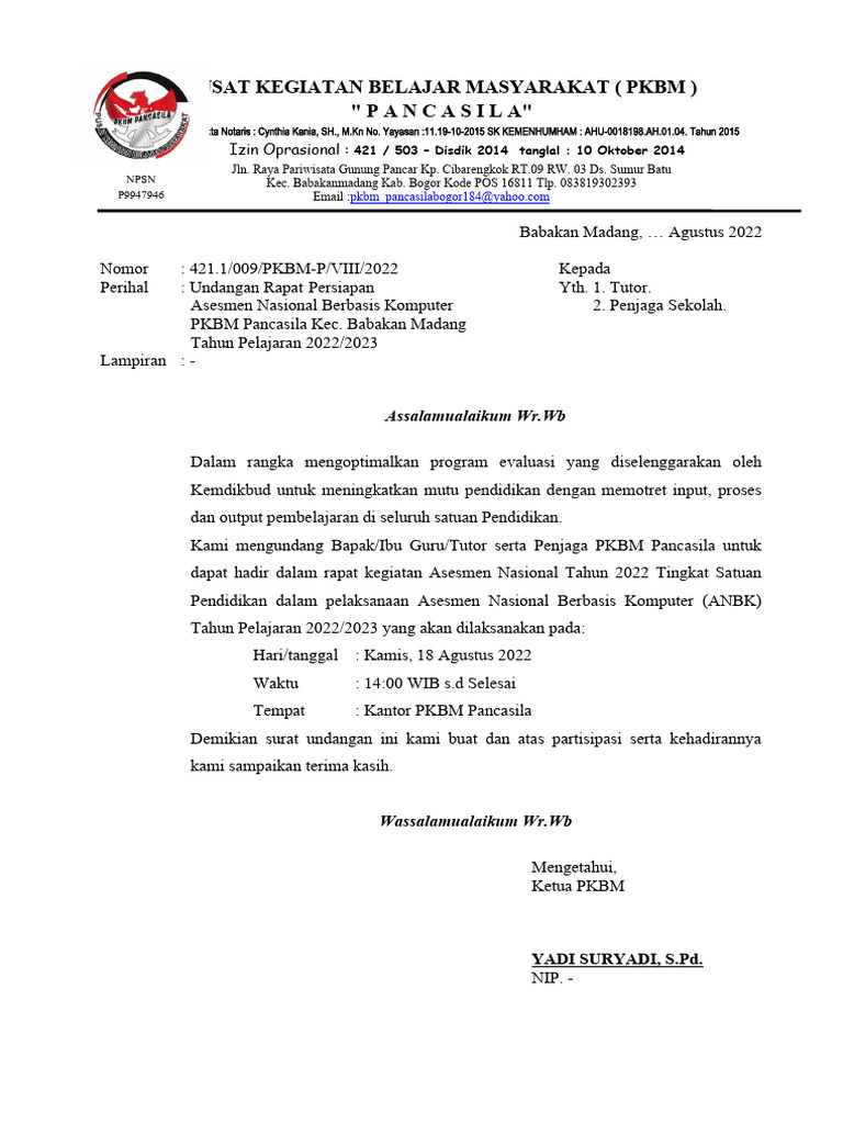 Undangan, Daftar Hadir, Notulen, Rapat Dan Berita Acara ANBK 2021 | PDF