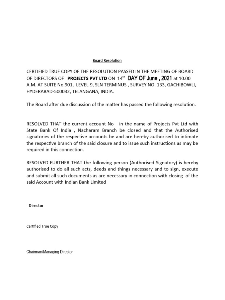 Board Resolution for Bank Account Closure | PDF | Finance & Money ...