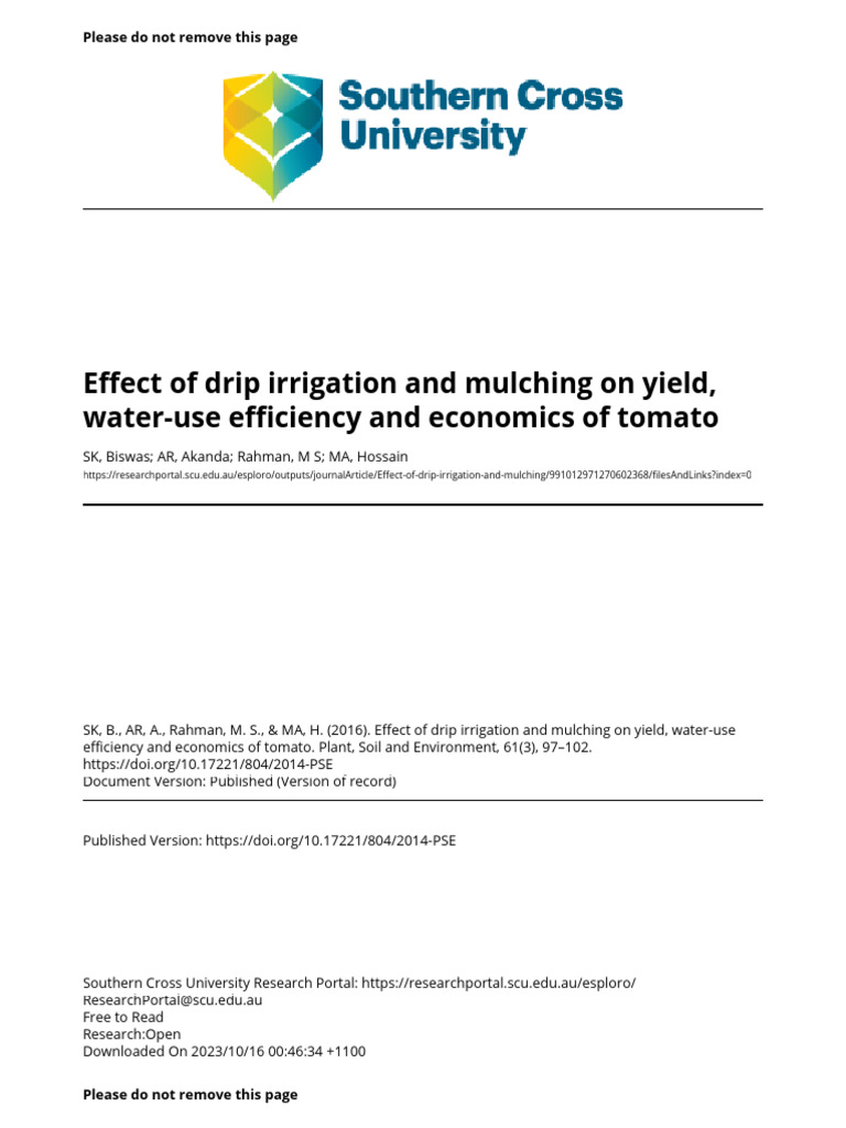 Drip Irrigation and Mulching for Tomato Yield | PDF | Mulch | Irrigation