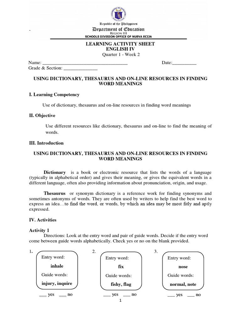 ENGLISH4 LAS q1 w2 Using Dictionary Thesaurus and ONline